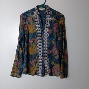 Magazine Blouse Womens Size M Blue Floral Button Up Embroidered Cotton Indie